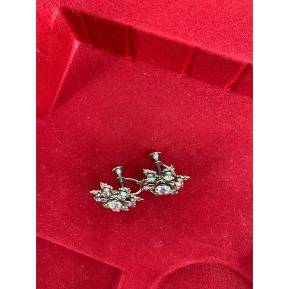 Vintage Antique Earrings Aurora Borealis Clear Snowflake Screw Clasp 1" 1639 - Picture 2 of 6